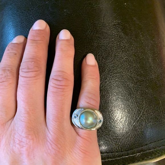 14K White Gold -Tahitian Pearl & Blue Diamond Ring - Picture 2 of 5